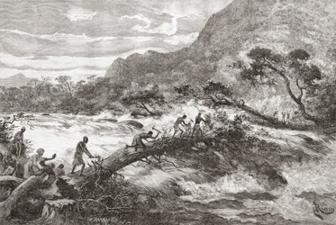 Uma ponte improvisada na África Central, de &39;Africa Pintoresca&39;, publicada em 1888